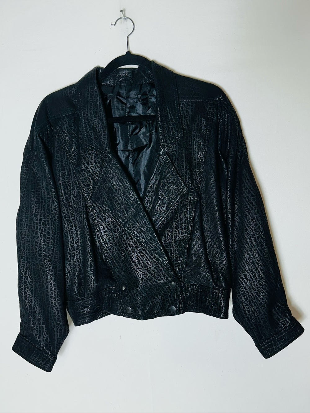 Vintage 80s Black On Black Animal Print Oversized Crop Jacket M Retro